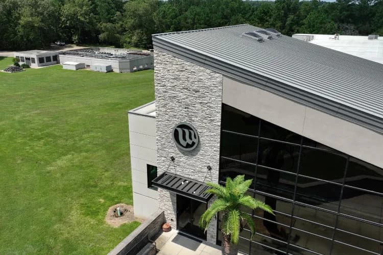 Close-up of the W stone facade at the Westland Bunker entrance